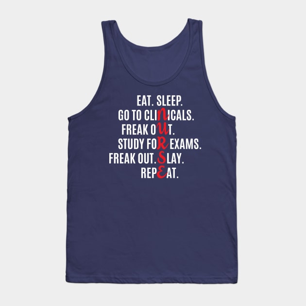 Funny Nurse Eat Sleep Go To Clinicals Freak Out  Study For Exams Freak Out Slay Repeat Tank Top by klimentina